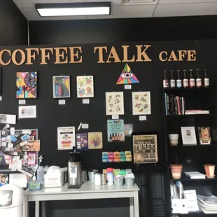 a coffee shop with black walls