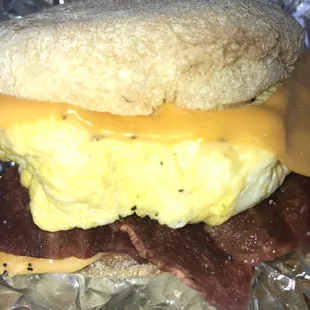 Bacon egg and cheese in English muffin