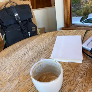 a cup of coffee on a wooden table