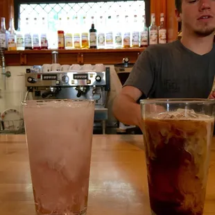 French soda and iced decaf with organic milk