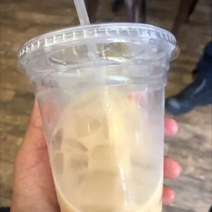 Chai tea latte  Not really my taste, but may be yours. Very sweet and milky. Not a whole ton a chai flavor.