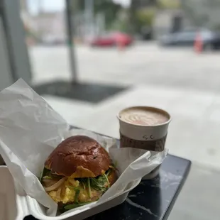 Veggie breakfast sandwich &amp; salted caramel latte