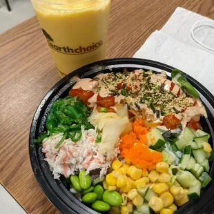 Spicy salmon bowl and mango smoothie