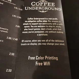 a menu for a coffee shop