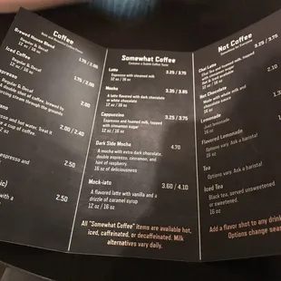 a menu for a coffee shop