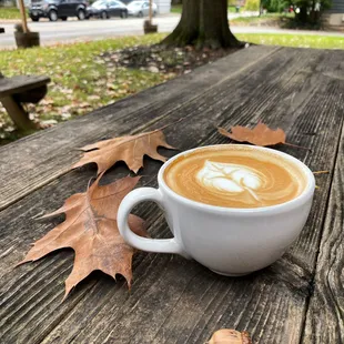 Fall weather is the perfect time to enjoy a hot latte on our patio!