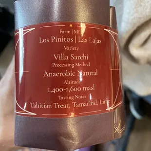 the label of a cup of coffee