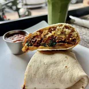 Breakfast Burrito with soy chorizo and an iced matcha latte hit the spot!