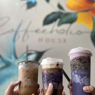 Vietnamese Coffee (left), Coffeeholic Dream w/ Ube Drizzle, Purple Haze (right)