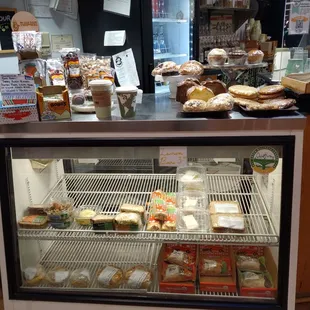 a display case filled with food