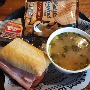 1848 sandwich and  chicken noodle soup