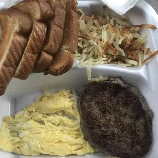 Single egg with sausage and hashbrowns! Less than $5!