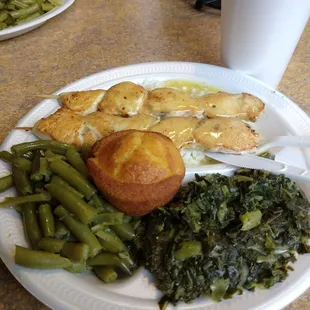 Chicken kabobs over rice, collards, green beans and tasty corn muffin.