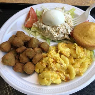 Chicken Salad with Mac&amp;Cheese, Fried Okra, and Corn Muffin!