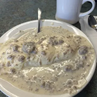 Friday special sausage gravy over biscuits with two eggs over easy. You need a nap after this.