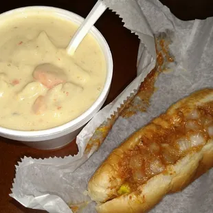 Chicken pot pie soup and a chili dog with mustard and onions