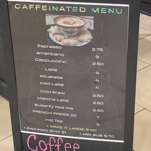a menu for a coffee shop
