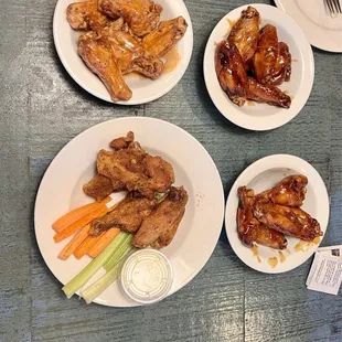 Four styles of wings Regular, Honey BBQ, Teriyaki, Hot Ranch