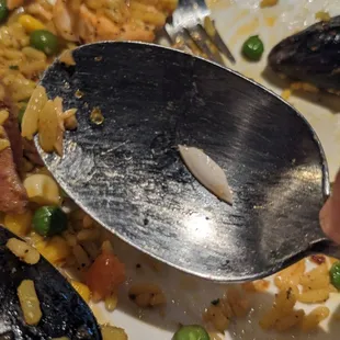 I found a broken shell in my paella.. it&apos;s not even a mussel shell.. it could be a broken ceramic too from some bowl ..?