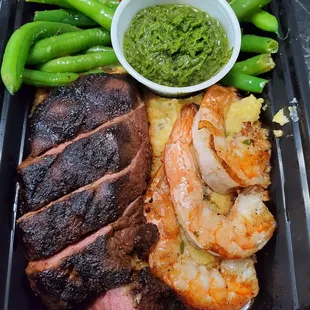 Flat Iron Steak with Garlic Prawns takeout