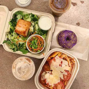 edamame salad w/ salmon, pasta w/ meatballs, iced horchata latte, iced coffee, ube donut