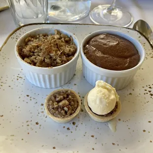 Apple crumble, chocolate soufflé, and mini pecan pie
