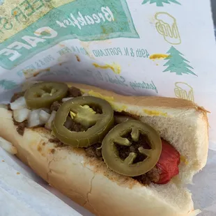 a hot dog with jalapenos