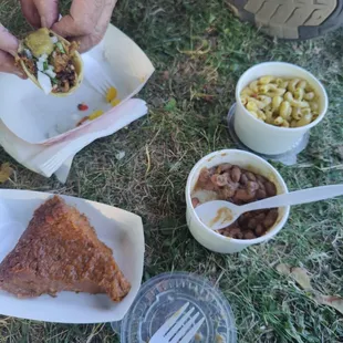 All the things! Jackfruit tacos, beans and rice, Mac N Cheeze, sweet potato pie