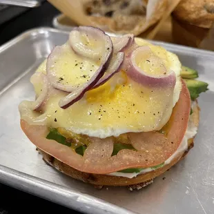 Several breakfast bagel options