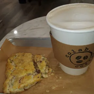 My savory scone and hazelnut latte