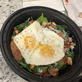 Greens and beans sausage plus egg