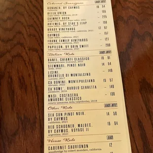 Drinks menu