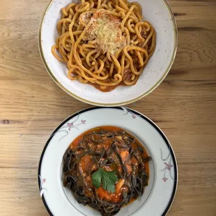 Squid ink bavette and Gramigna Bolognese