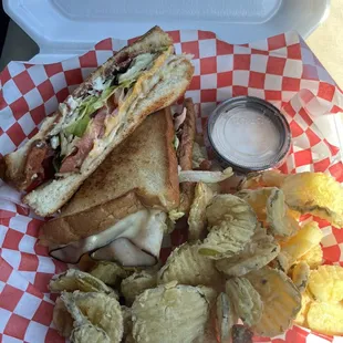 Club sandwich w/ fried pickles.