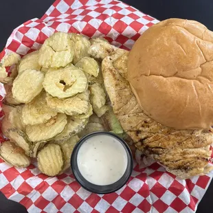 Grilled Chicken Sand. W/ fried pickers.