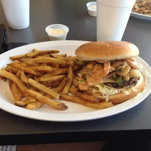 The kick burger. Fresh grilled jalapeños, onion rings, spicy ranch... MMMmmm!