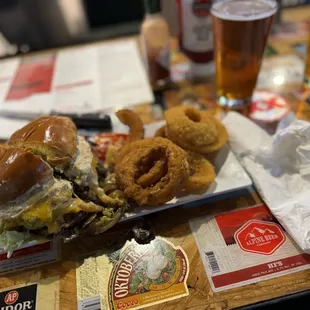 a burger and onion rings
