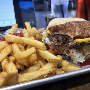 The Pittsburger in a pretzel bun.