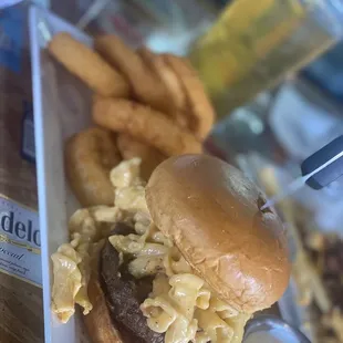 Mmmac &amp; Cheeseburger w/onion rings $17.50 + $2 upgrade for the rings