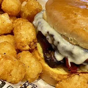 Mushroom burger and tots