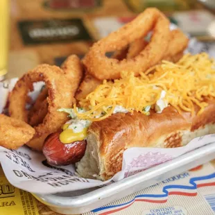  hot dog with cheeseburgers and onion rings