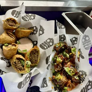 Cheese Burger Egg Rolls &amp; Pork Belly Bites