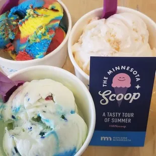 Front: birthday cake, behind the punch card: peach, next is the Superman in the rainbow color