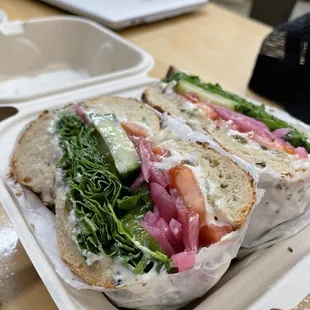 The veggie sandwich. With sesame bagel and jalapeño cream cheese.