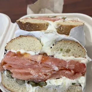 Lox sandwich, sesame bagel with scallion cream cheese