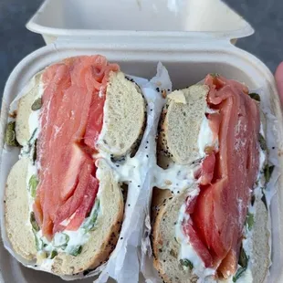 Lox bagel on everything with scallion smear.
