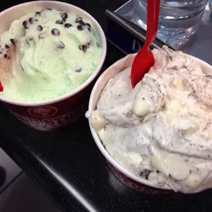 Love It Size: Mint Ice Cream w/ Chocolate Chips &amp; Oreo Cream Filling Ice Cream w/ White Chocolate Chips ($5 each)