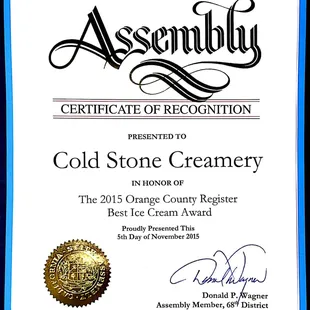 The 2015 Orange County Register          Best Ice Cream Award