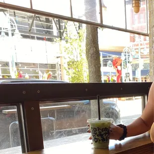 Medium iced matcha with soy and lavender