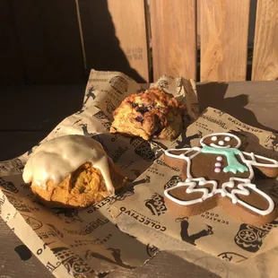 Gingerbread cookie, pumpkin maple scone, lemon blueberry scone